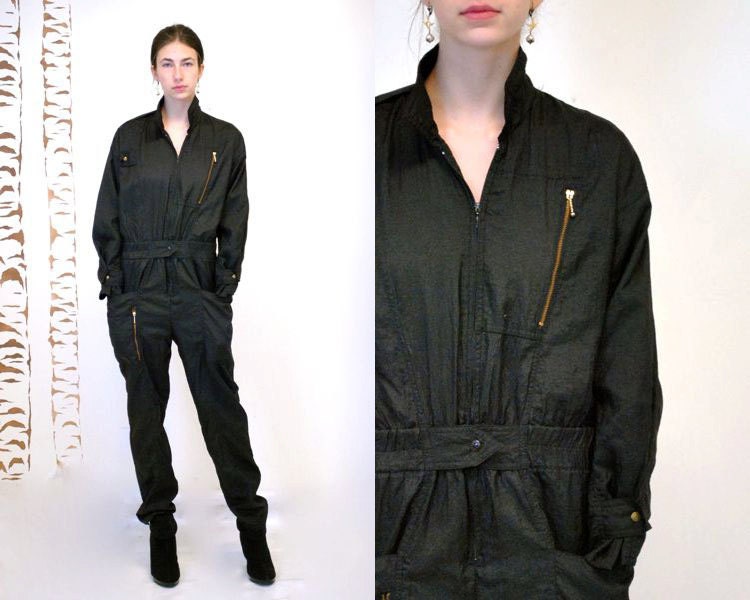 Black Jumpsuit // Parachute Pants // by VintageUrbanRenewal