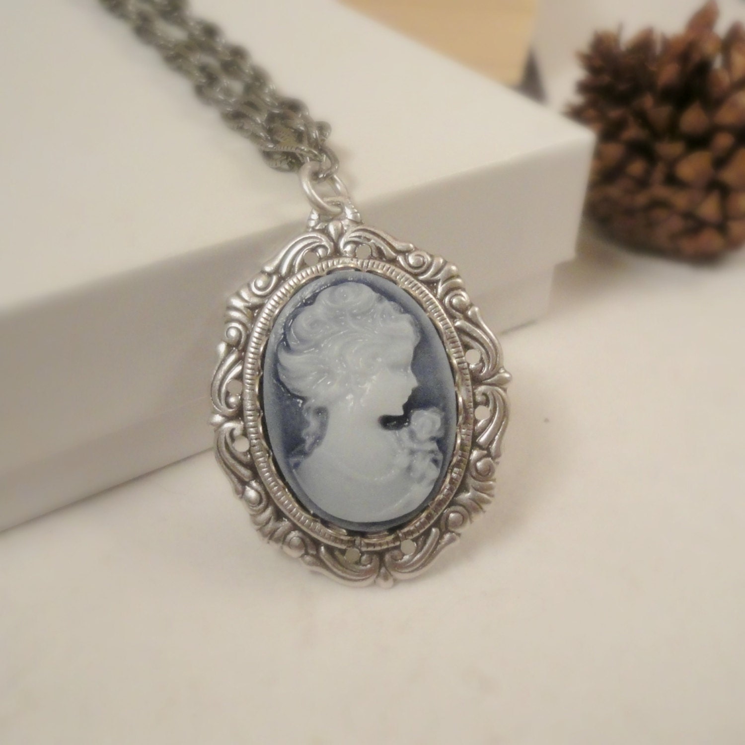 Blue Gray Cameo Necklace Vintage Long Chain Necklace Indigo Blue Gifts for Mom / Under 40 / Cameo Jewelry - pink80sgirl Blue Gray Cameo Necklace Vintage Long Chain Necklace Indigo Blue Gifts for Mom / Under 40 / Cameo Jewelry - pink80sgirl