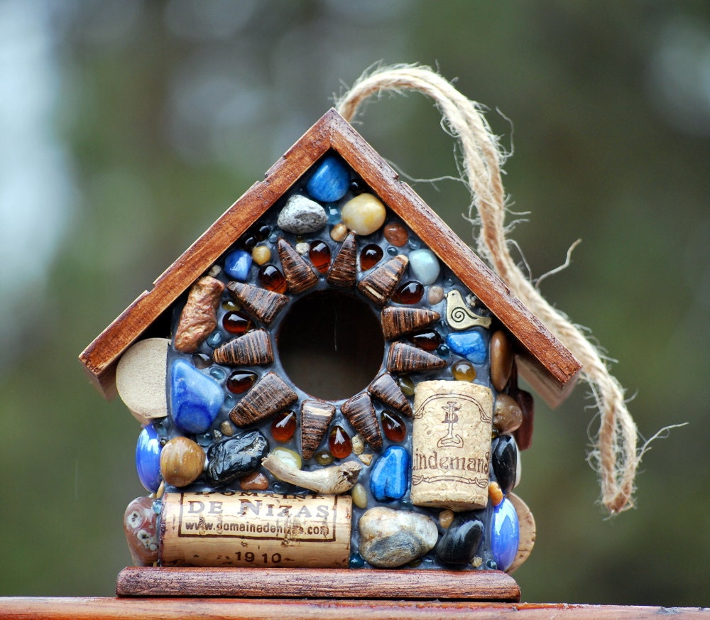 Recycled Outdoor Blue Mosaic Birdhouse with Wine Corks - WinestoneBirdhouses