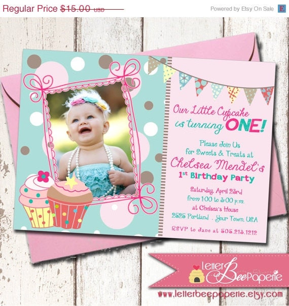 ON SALE Our Little Cupcake Girl's Birthday Party Photo Invitation - DIY Printable Invite - Aqua, Pink, Lavender, Purple - 1st, 2nd, 3rd Bir Il_570xn