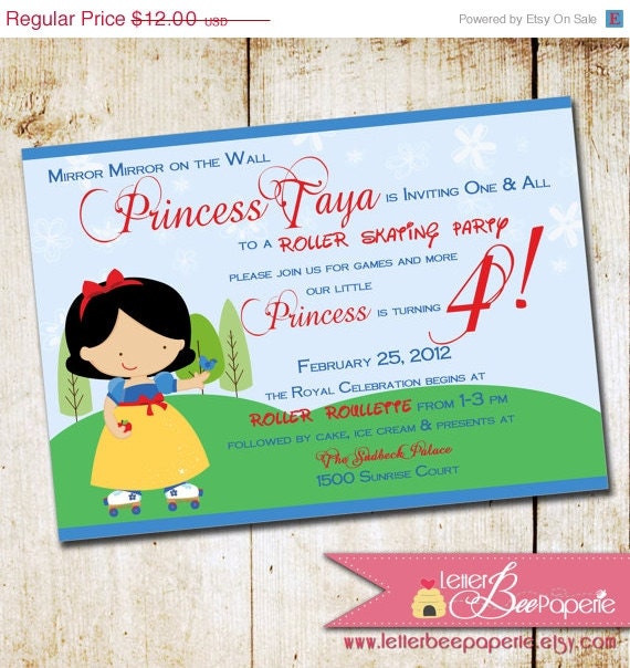ON SALE Snow White Inspired Girl's Birthday Party Invitation - DIY Printable Invite - Disney Princess - Roller Skating Parties- Princesses Il_570xn