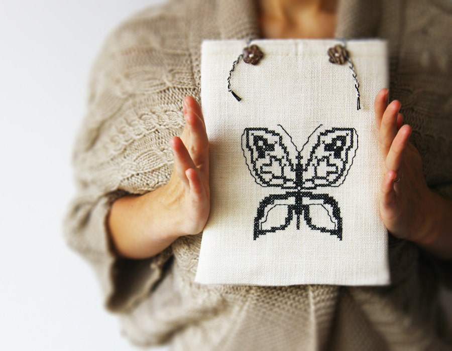 iPad sleeve Butterfly - Hand embroidery - iPad case - White and black - OOAK