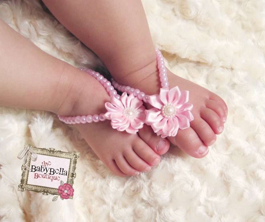 Pink Pearls baby barefoot sandals.Baby Shoes, baby accesories