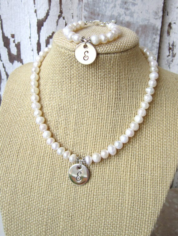 SetPersonalized Pearl Necklace and Bracelet by JensBeadBox