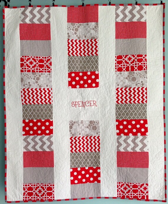 Embroidered Name Baby Red Coin Modern Quilt by HomeSewnStudio