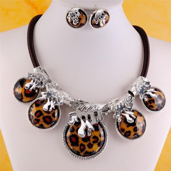 Leopard Print Tribal Necklace & Earring by HersheeUniquedesigns