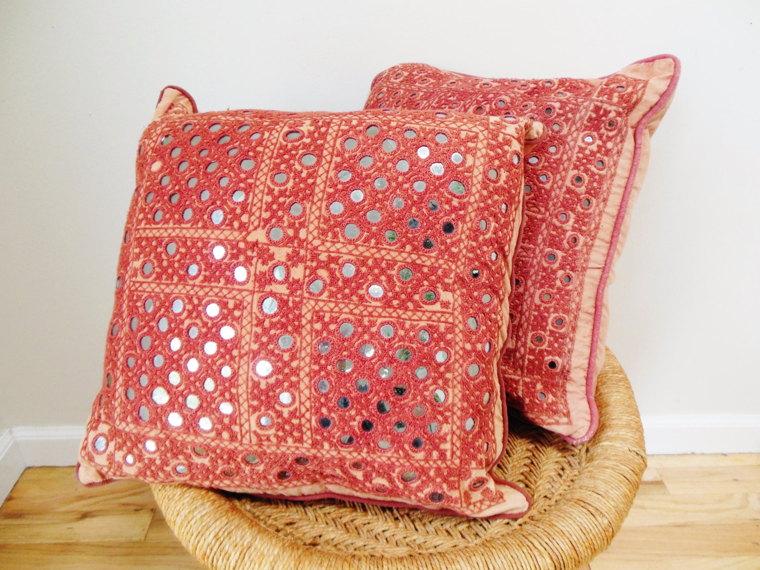 Vintage Indian Embroidered Mirror Pillows - FreewheelFinds
