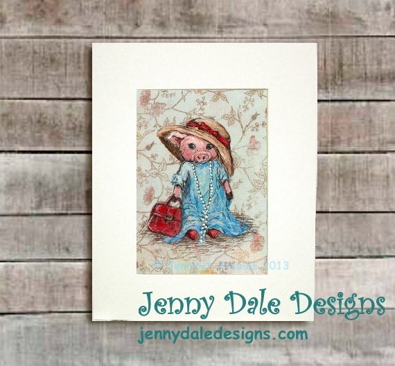 Cute Pig Art, Nursery art, Art for Girls: Little girl pig playing dress-up (hand signed art print) - JennyDaleDesigns