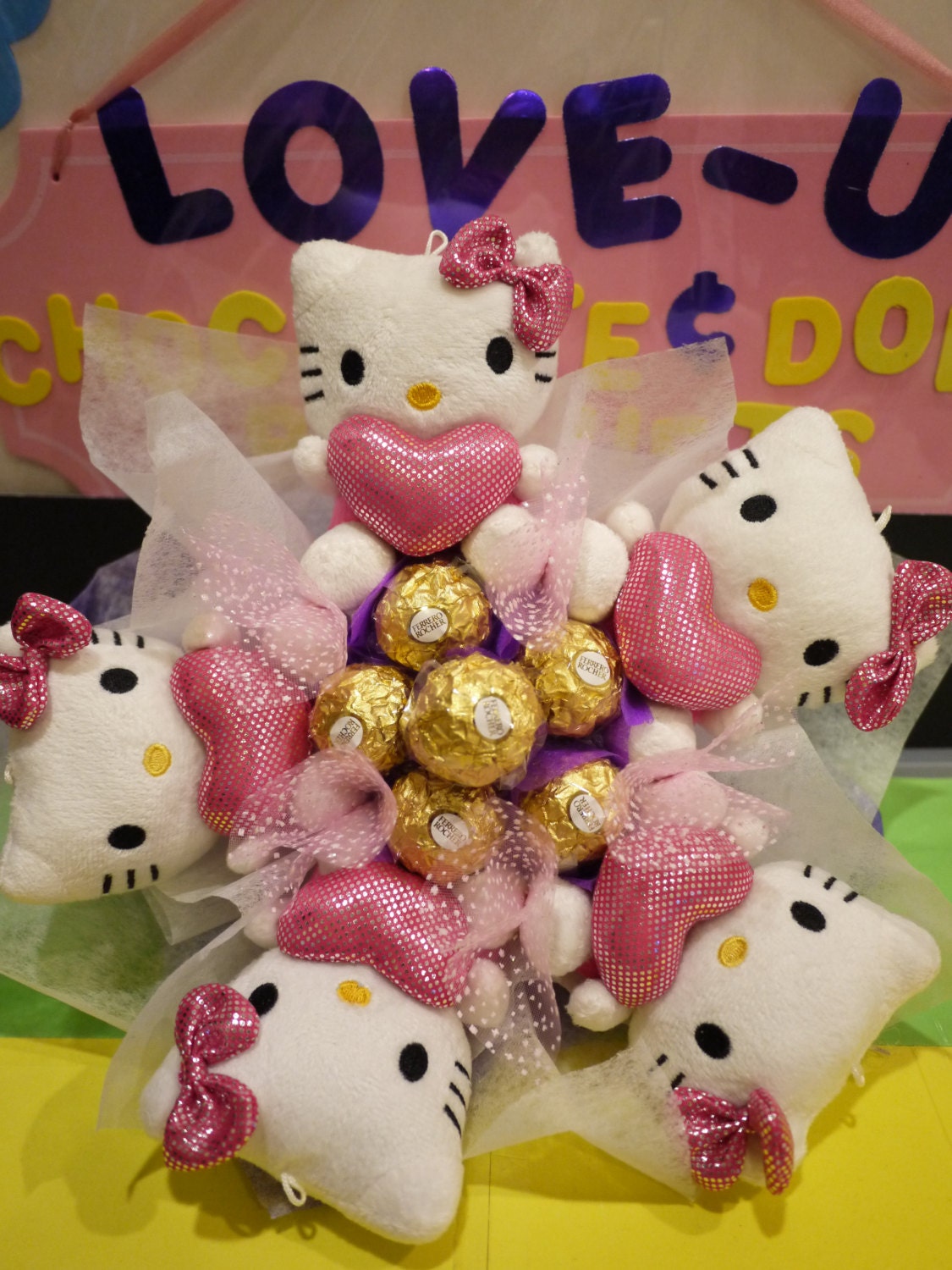 Hello Kitty Plush doll flower bouquet with Ferrero Rocher chocolates. *** Great for japanese cartoon fans!