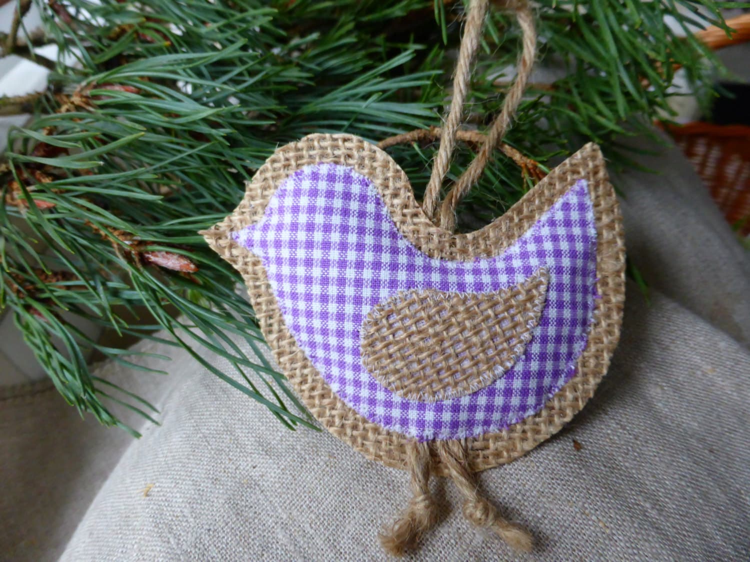 Easter burlap bird lavender gingham -Home Decor -