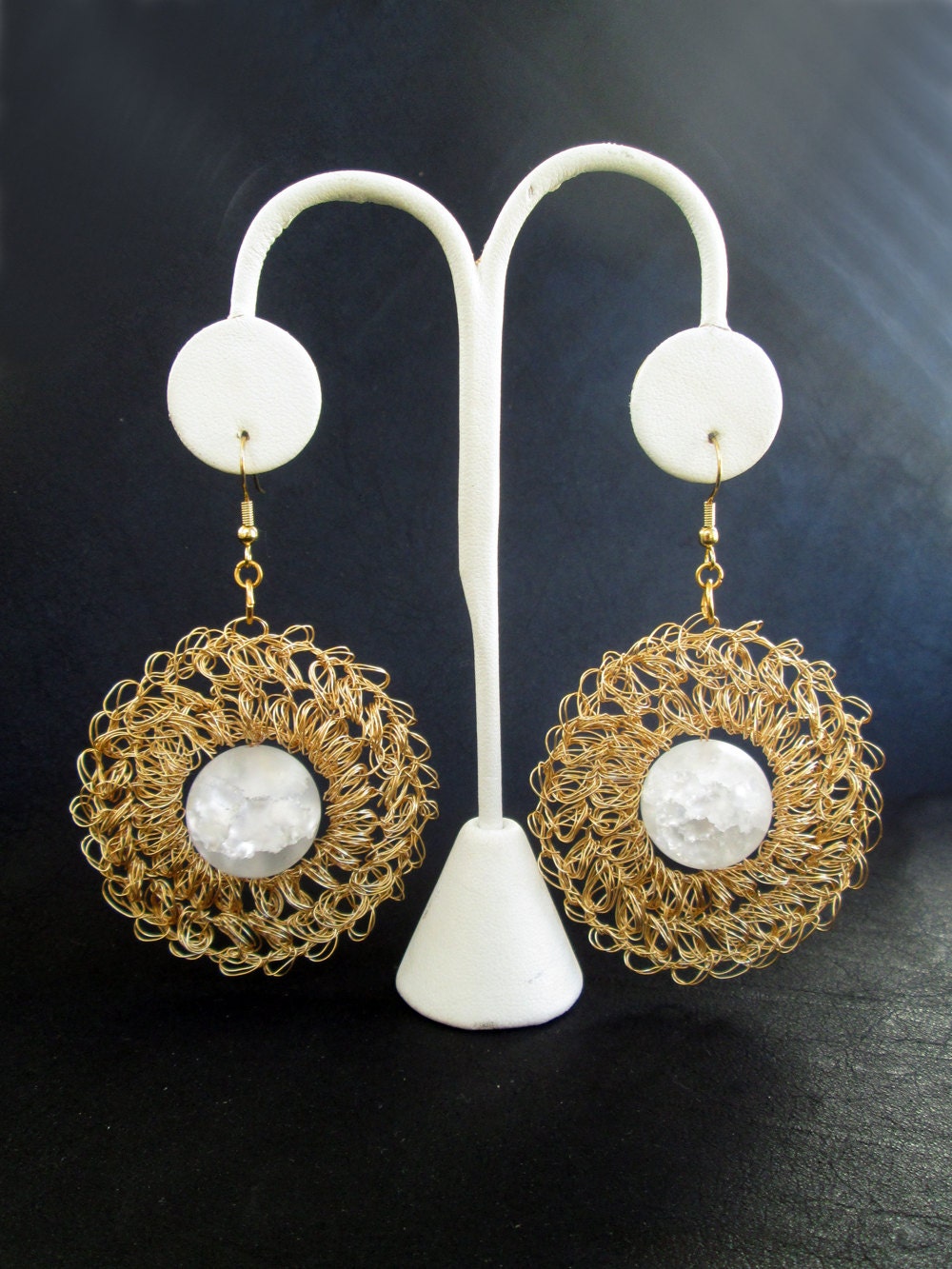 Wire crochet earrings, white quartz beads, gold tone, bridal, chunky
