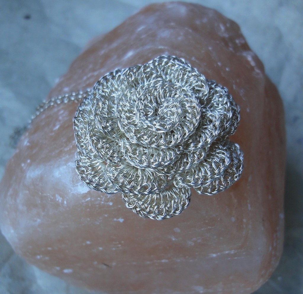 Large crochet wire pure silver wire rose necklace by GlamCro