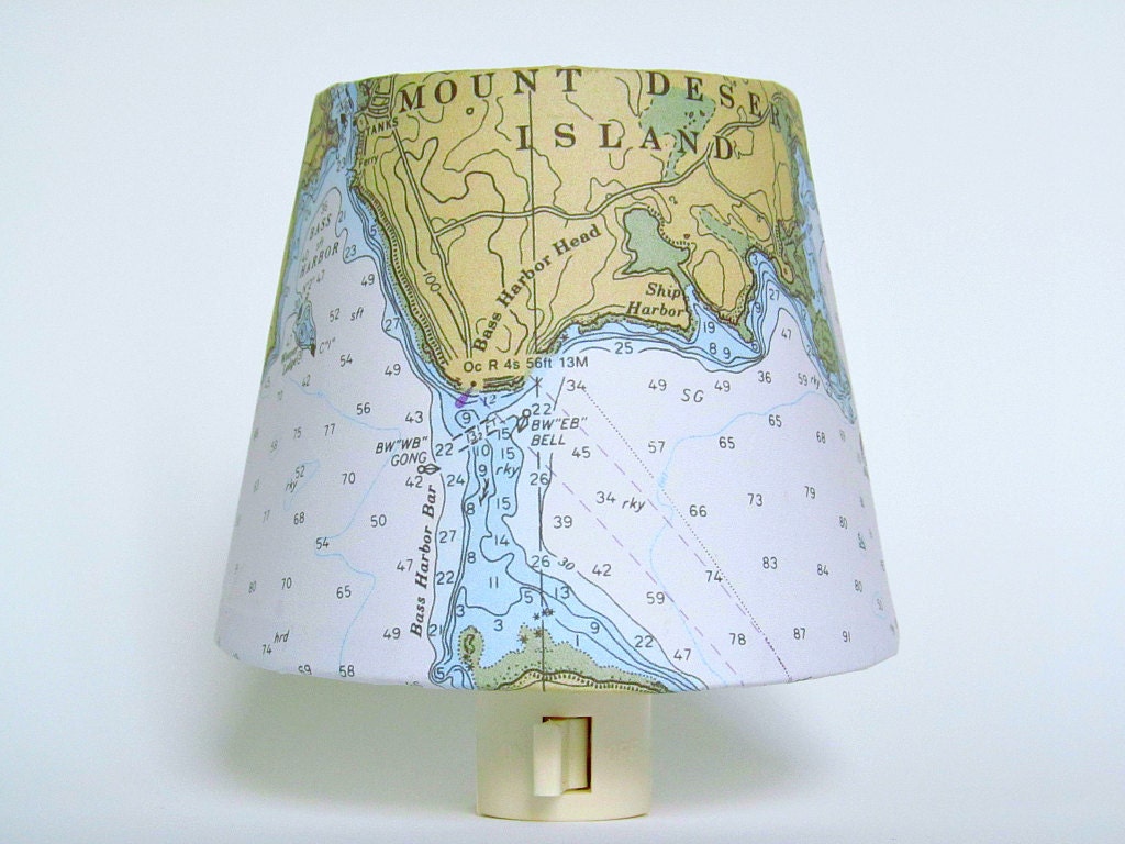 Nautical Night Light of Down East Maine featuring Mount Desert Island.  (Created with a vintage nautical chart reproduction.) - TheOrangeChairStudio