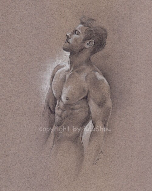 Print Fine Art Drawing MALE NUDE In Pencil And Charcoal