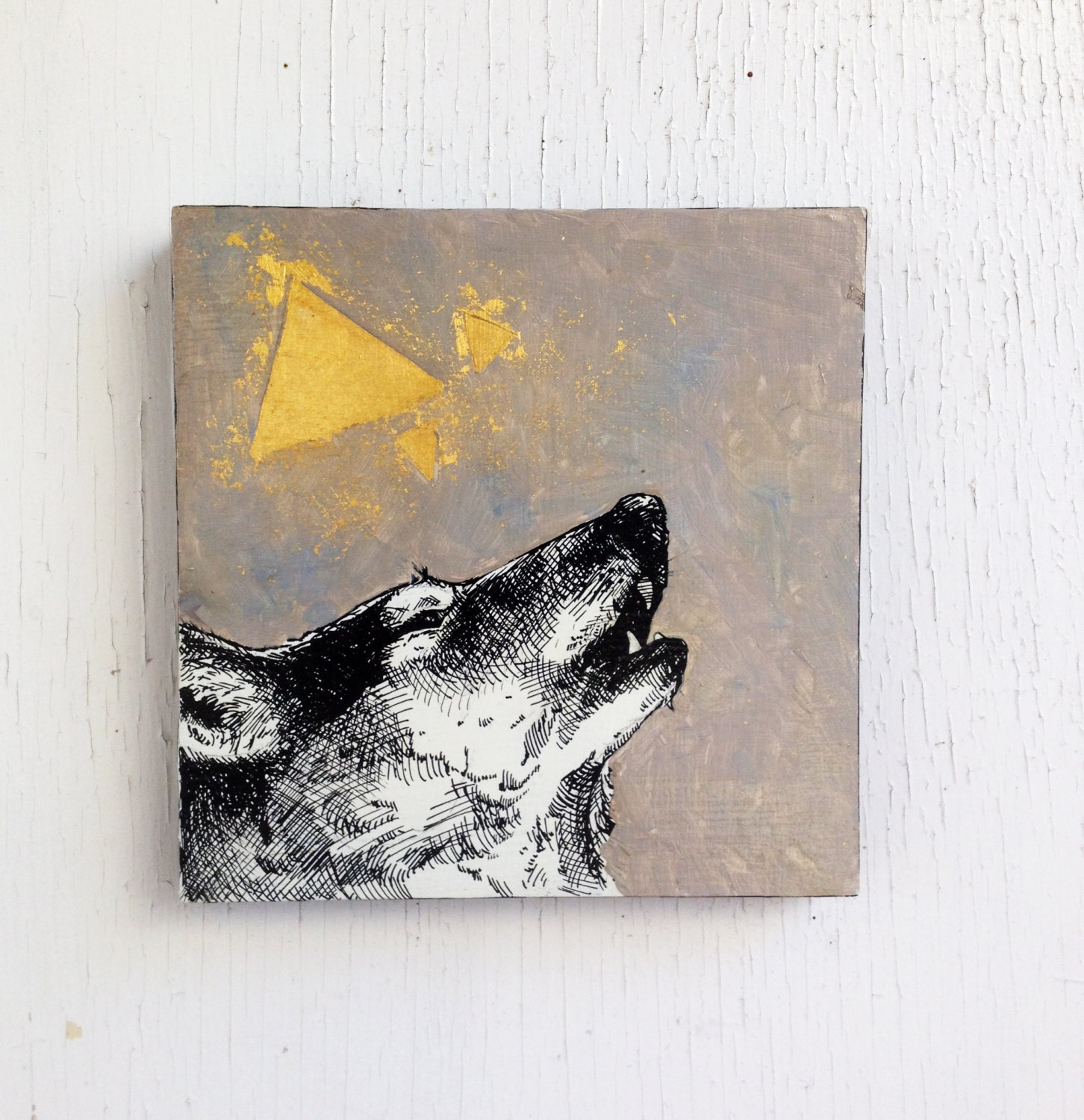 SALE: Wolf Triangles - Original Painting - 23k Gold Leaf - 6x6 Wall Art. Geometric. Howl.