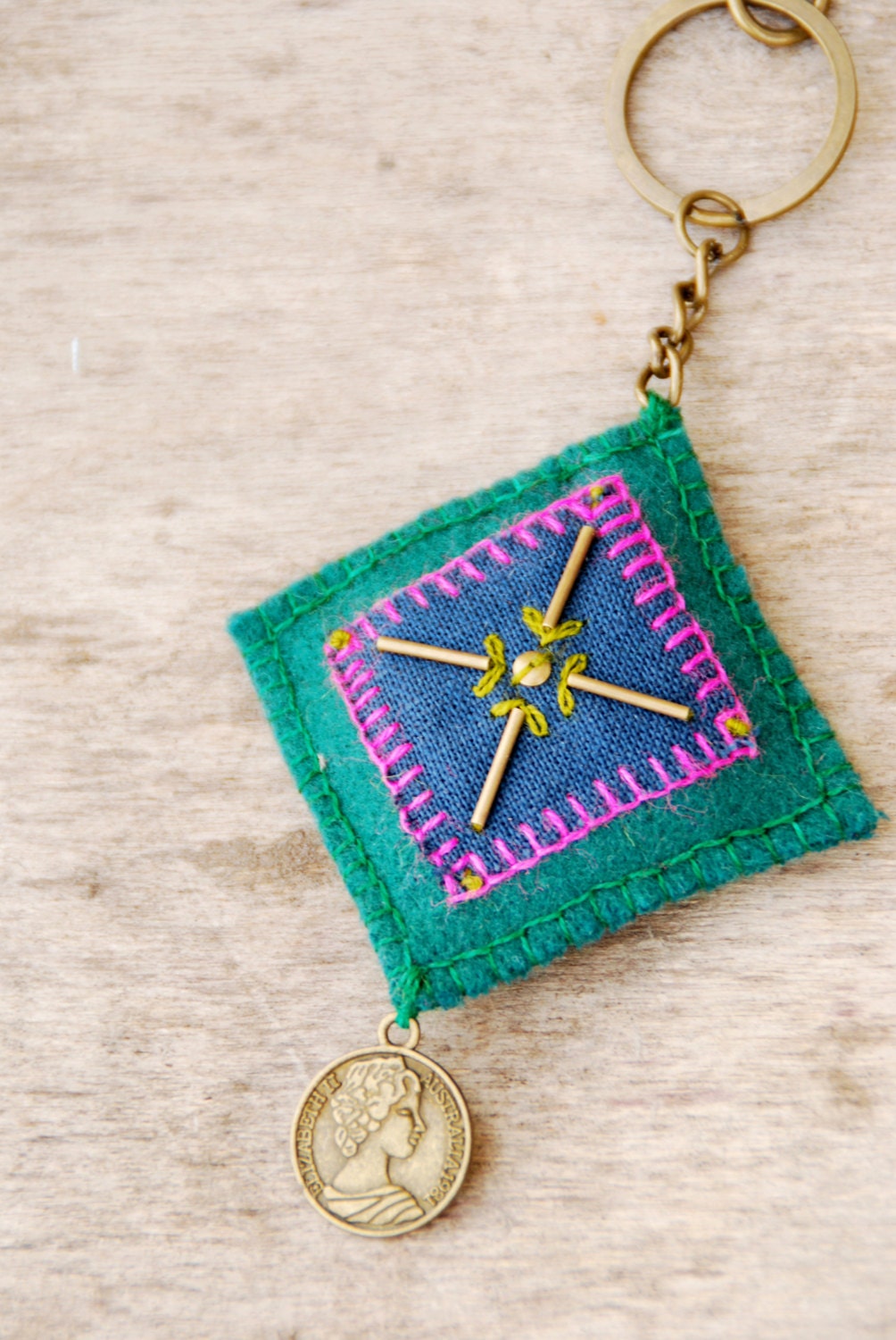 Fabric keychain with embroidery and bronze/brass embellishments Teal