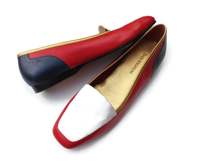 Mondrian Colorblock Flats Size 8 Mod Vintage 80s Loafers Shoes 1980s Leather Red Blue White Gold Color Block UK 5.5 Euro 38.5 - GoodLuxeVintage