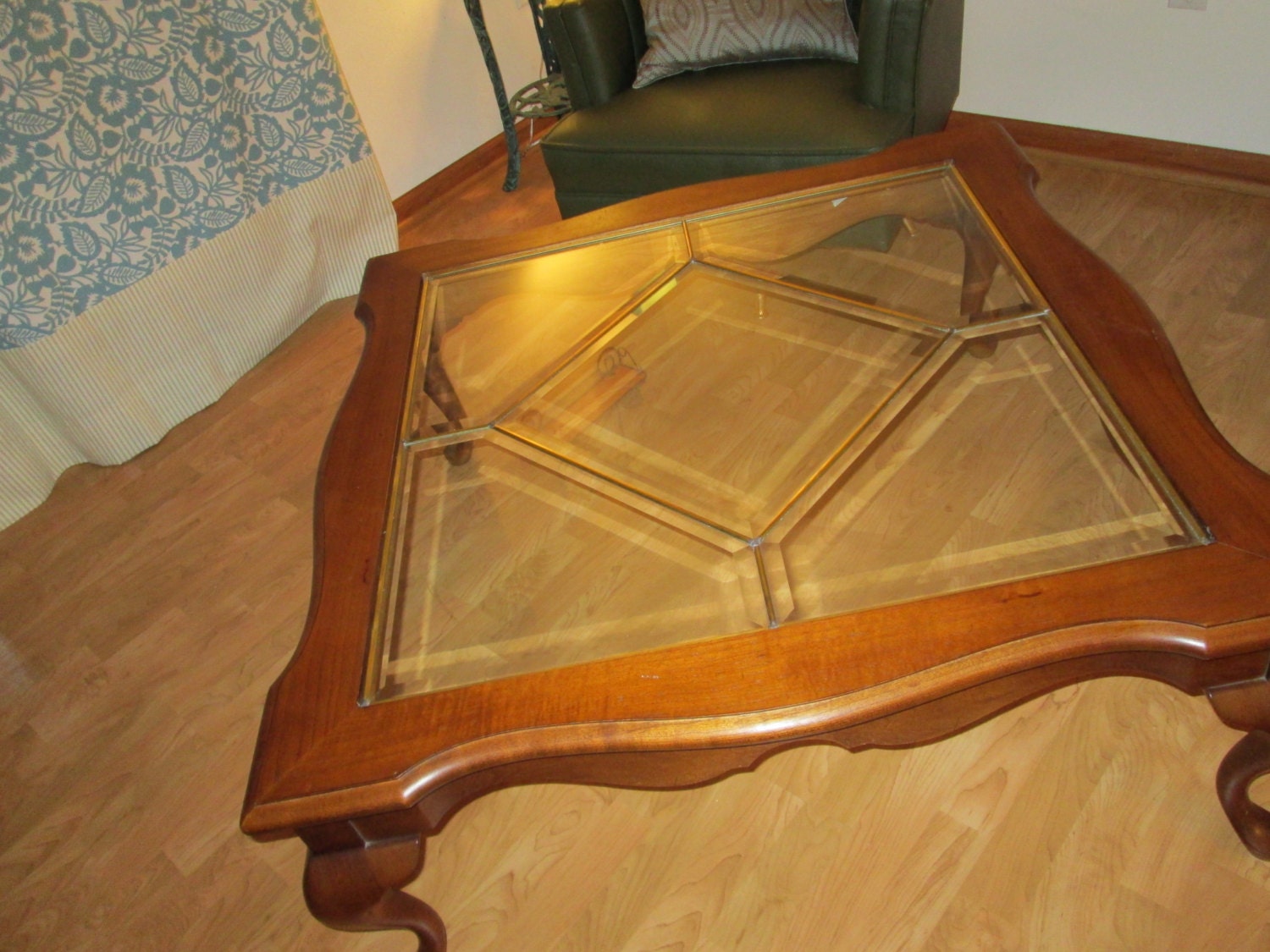 vintage Brass Thomasville  Table, Glass, Fisher Cocktail thomasville Inlay, Vintage cabinets Beveled