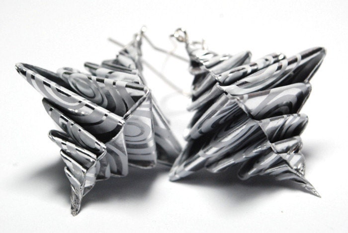 Origami Earrings Dangle Earrings Modern Earrings Paper Earrings - silver shiny spiral - MAGcraftsy