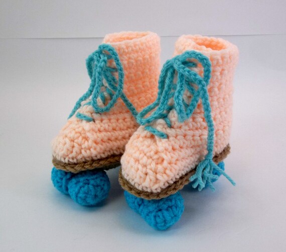 Crochet Baby Booties Peach Roller Skates by TwentySecondStreet