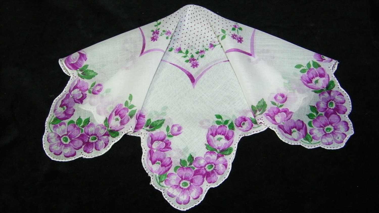 Vintage 12" 1950's Scalloped  Purple Mixed  Floral Bridesmaid, Craft or Wedding Favor Handkerchief, Hankie, Hanky, 9388 - HeirloomLinens