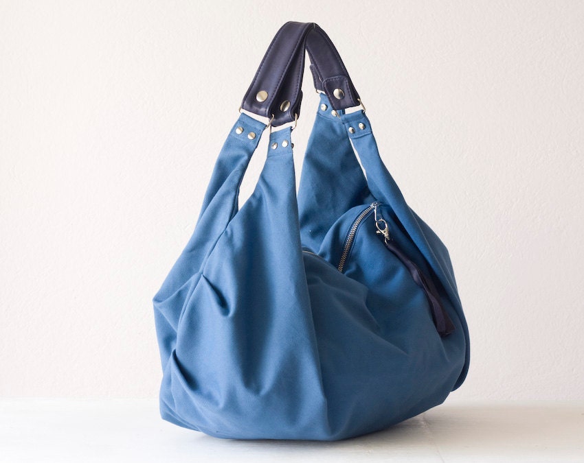 Large hobo bag, shoulder slouch purse in sky blue canvas and Blue ...