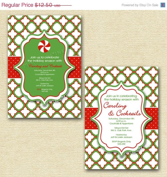 10% Off Holiday Sale Mod Red and Green Quatrefoil Caroling and Cocktails Invitation - PRINTABLE CARD DESIGN Il_570xn