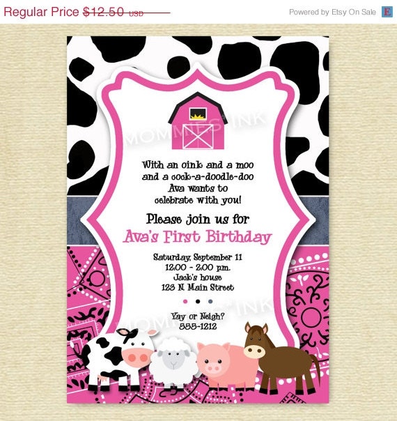 10% Off Holiday Sale Pink Mod Farm Animals Birthday Party Invite - PRINTABLE INVITATION DESIGN Il_570xn