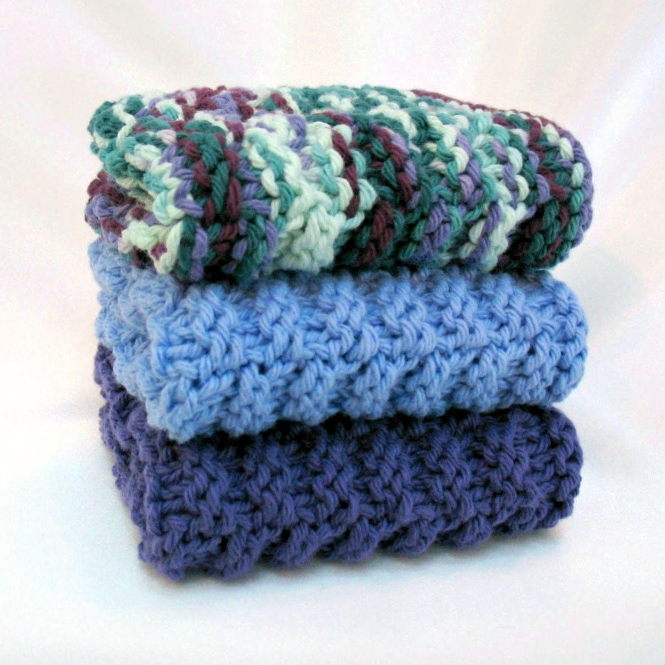 Knit Dishcloths Cotton Knitted WashCloth Blue Purple - SticksNStonesGifts