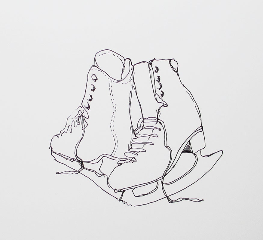 Black line drawing of skates  // fine art print of ice skates // drawing of ice skates // winter white art print // black and white art