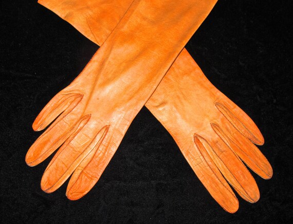 vintage orange leather gloves 1950s60s long leather by mkmack