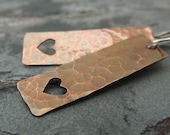 Hammered Heart Earrings, Valentine's Day, Long Rectangle Copper Shapes, Heart Cut Out, Rustic, Boho - ATwistOfWhimsy