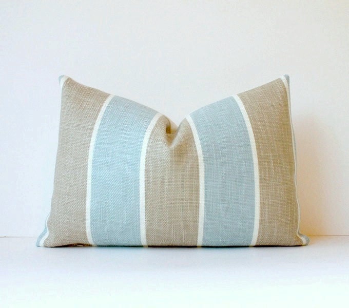 Striped Decorative Designer Pillow Cover 12x18 Robins Egg Blue. Lumbar Cushion. Nautical Pastel sky taupe tan - WhitlockandCo