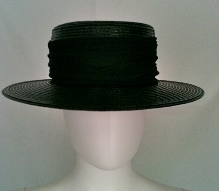 Vintage 1980s Black Straw Boater Hat - Frank Oliver Designer