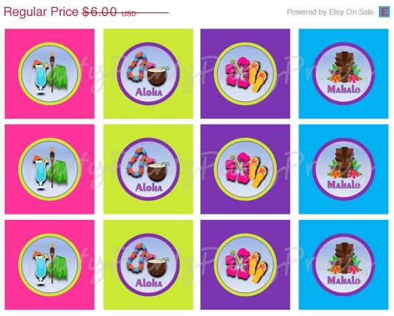 SALE INSTANT DOWNLOAD - Hawaiian Luau - Cupcake Toppers & Favor Tags Il_570xn