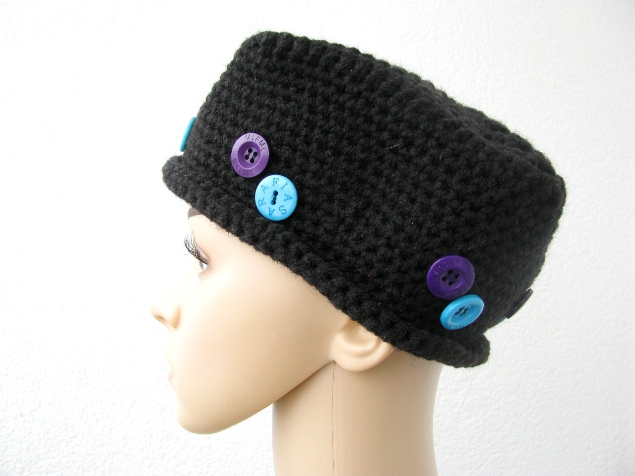 black crochet wool pillbox hat with purple turquoise buttons, stiff hat, cap, toque, small rolled brim - delectare