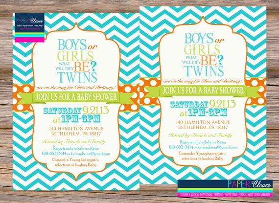 Twins Baby shower invitation, gender reveal, chevron stripe - digital file, printable #156789 Il_570xn