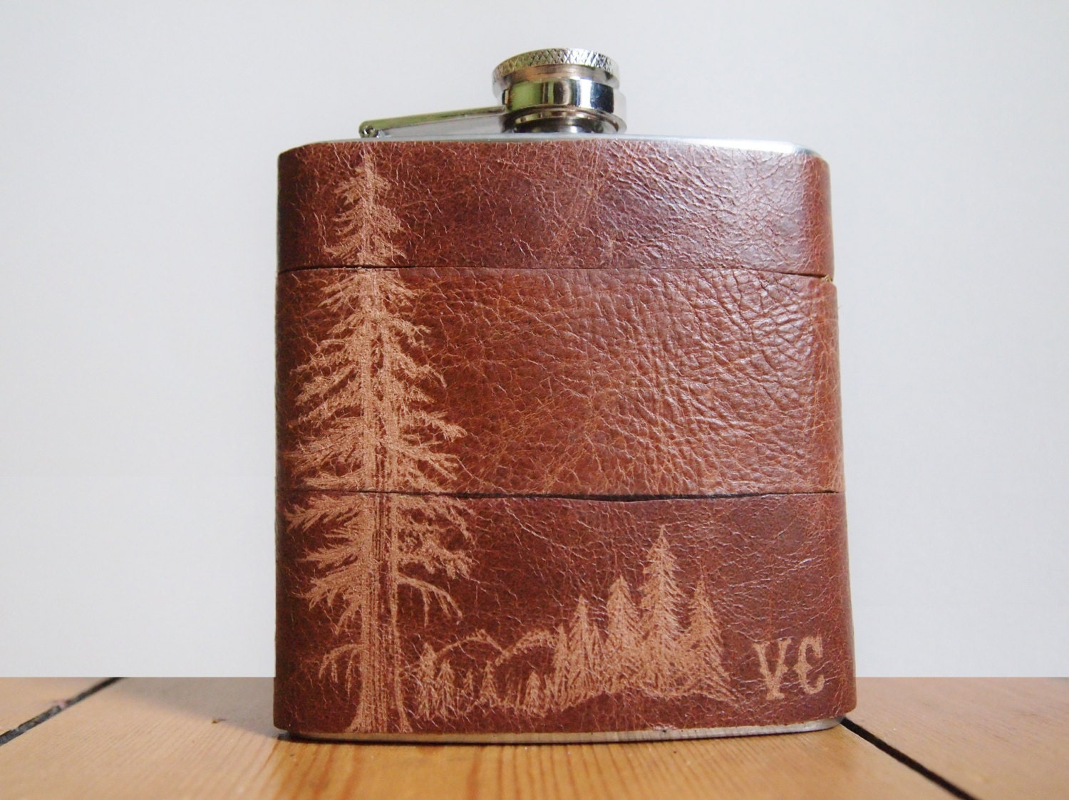 Mountain Man Leather Flask - Personalized initials, Red Wood Tree -  brown leather, wedding hip flasks