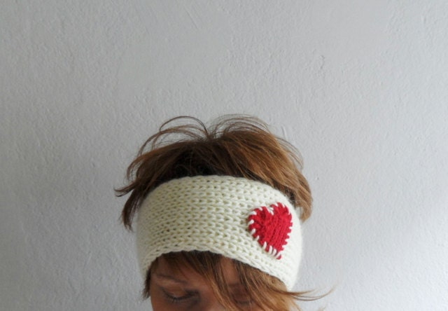 Knit Heart Headband Cream and Red, Ear warmer, Headwarmer, Head Wrap, Gift under 25, Gift for her - fizzaccessory