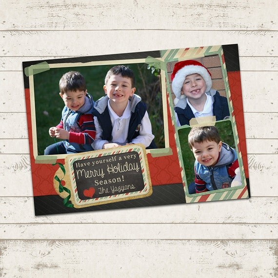Christmas Photo Card - 5x7 printable download - Happy Holidays - Chalkboard, Vintage Inspired, 3 Photo Greeting Postcard - Personalized Il_570xn