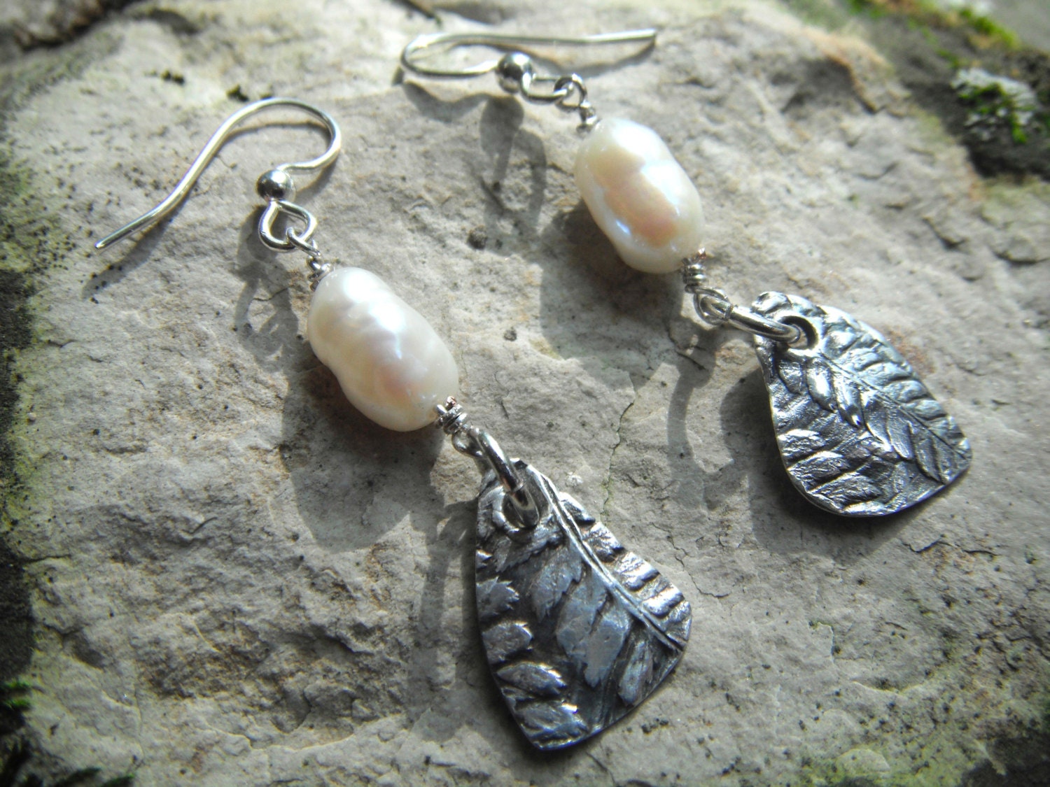 Fine Silver Fern Earrings Pearl Earrings Freshwater Pearl Fine Silver