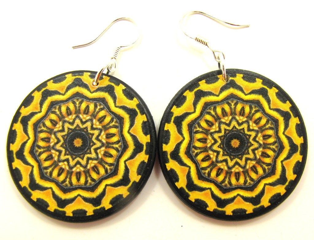 Limited Decoupage Earrings, Yellow and Black Mandala Earrings
