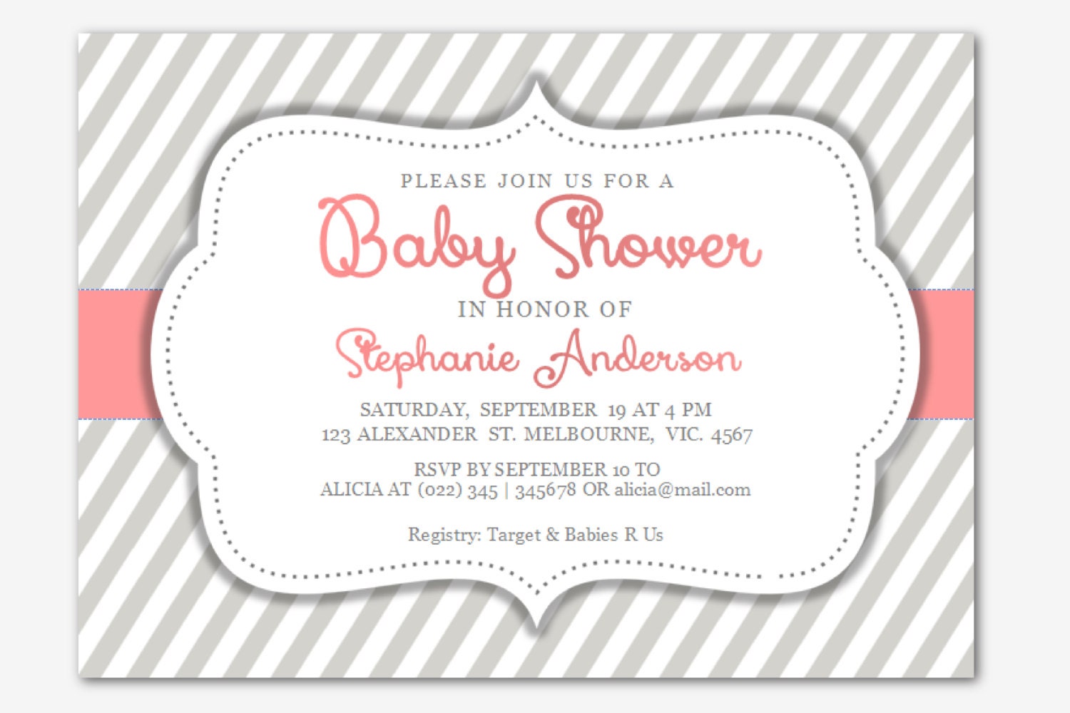 Word Baby Girl Shower Invitation | Diagonal Stripes | MS-Word template ...