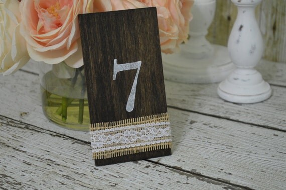burlap and lace wedding table numbers, shabby chic table numbers