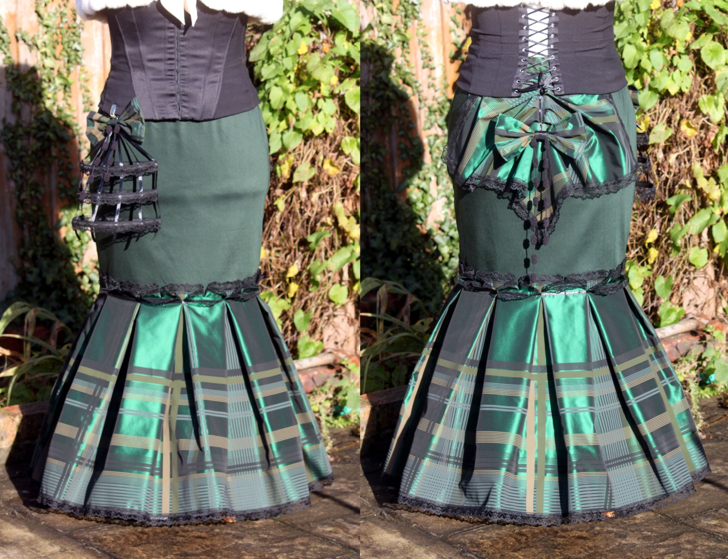Victorian / Steampunk  Long Green Skirt size 16-18-20 fishtail bustle tartan checked skirt birds cage - handmadebyreplay