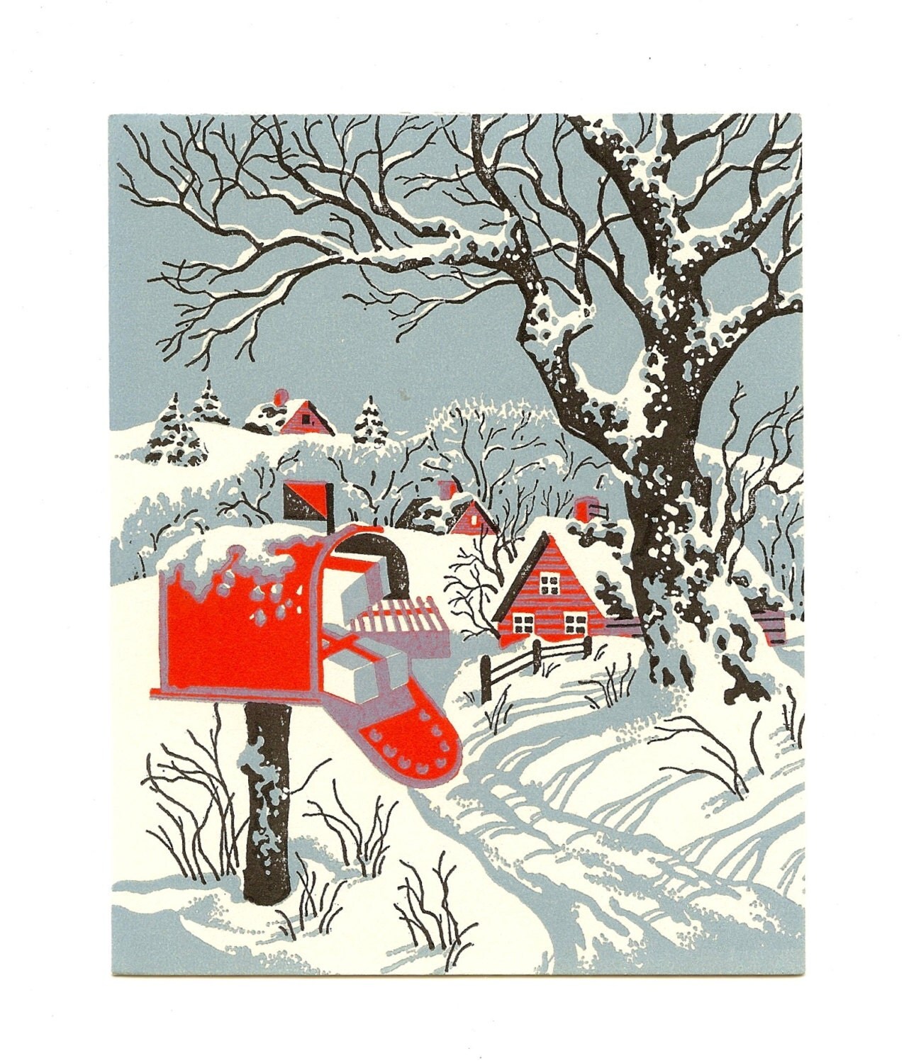 Vintage Unsigned Mid Century Snow Scene Christmas Card Free Hot Nude