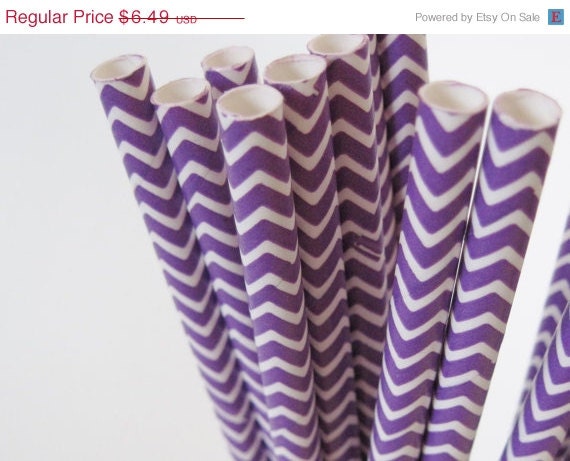 ON SALE 50 Purple and White CHEVRON Paper Straw - ships less than 24 hours Il_570xn