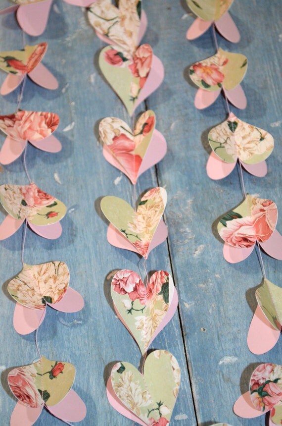 Designer Paper Garland, floral paper garland, shabby chic garland, pink heart floral garland, 3D hearts, Wedding garland, party decoration Il_570xn