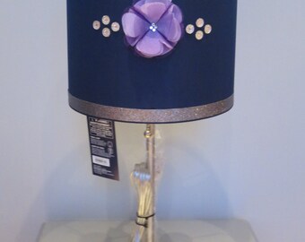 Girly Glam Lamp with navy blue lamp shade, puple floral embellishment