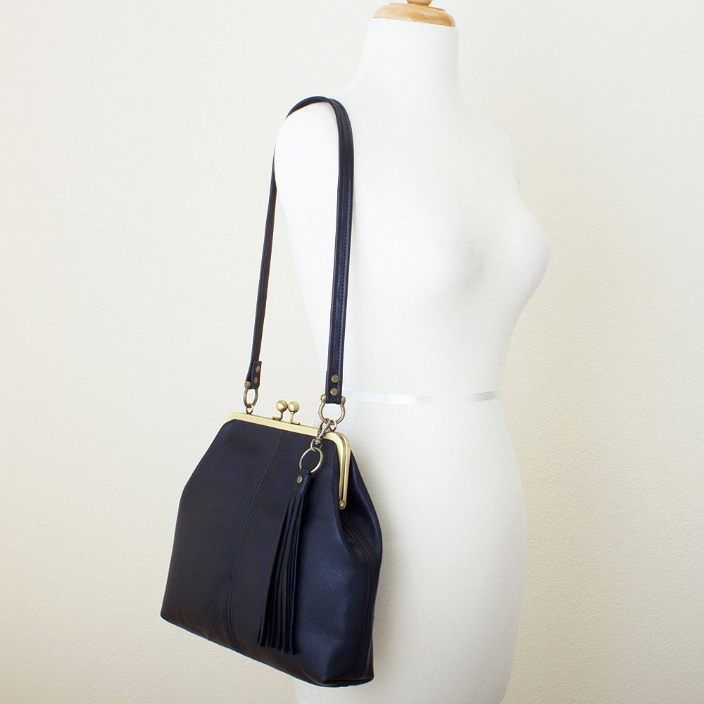 Black Leather Kiss Lock Shoulder Bag with Tassel by JillyDesigns